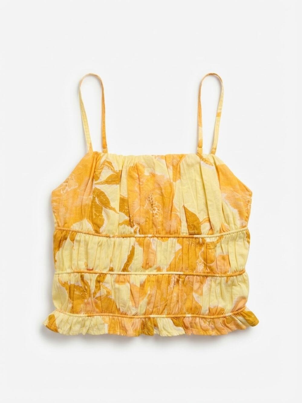 Sim & Sam Womens S Yellow White Floral Smocked Tank Top Ruffle Hem Cami Boho